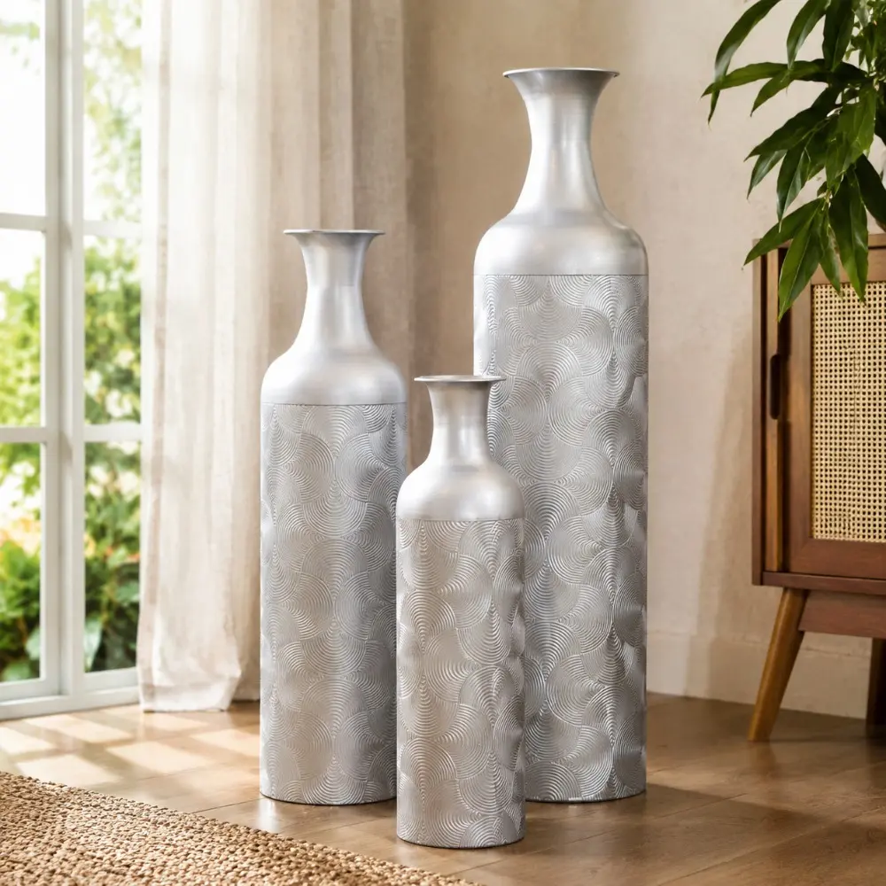 Littleox Silver Metal Vases, Set of 3 Modern Floor Vases with Wave Pattern for Home Decor, Tall Cylinder Flower Vases for Living Room Office (32.68, 25.98, 19.69 Inch)