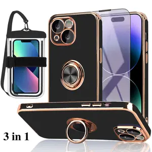 iPhone 13 Case Black 3 in 1 Bundle With Screen Protector Anti-Blue Light And Waterproof Touchscreen Luminous Phone Pouch With Strap & Lanyard Built-in Car Mount Magnet Foldable Kickstand Ring Stand Shockproof Cute Luxury Design