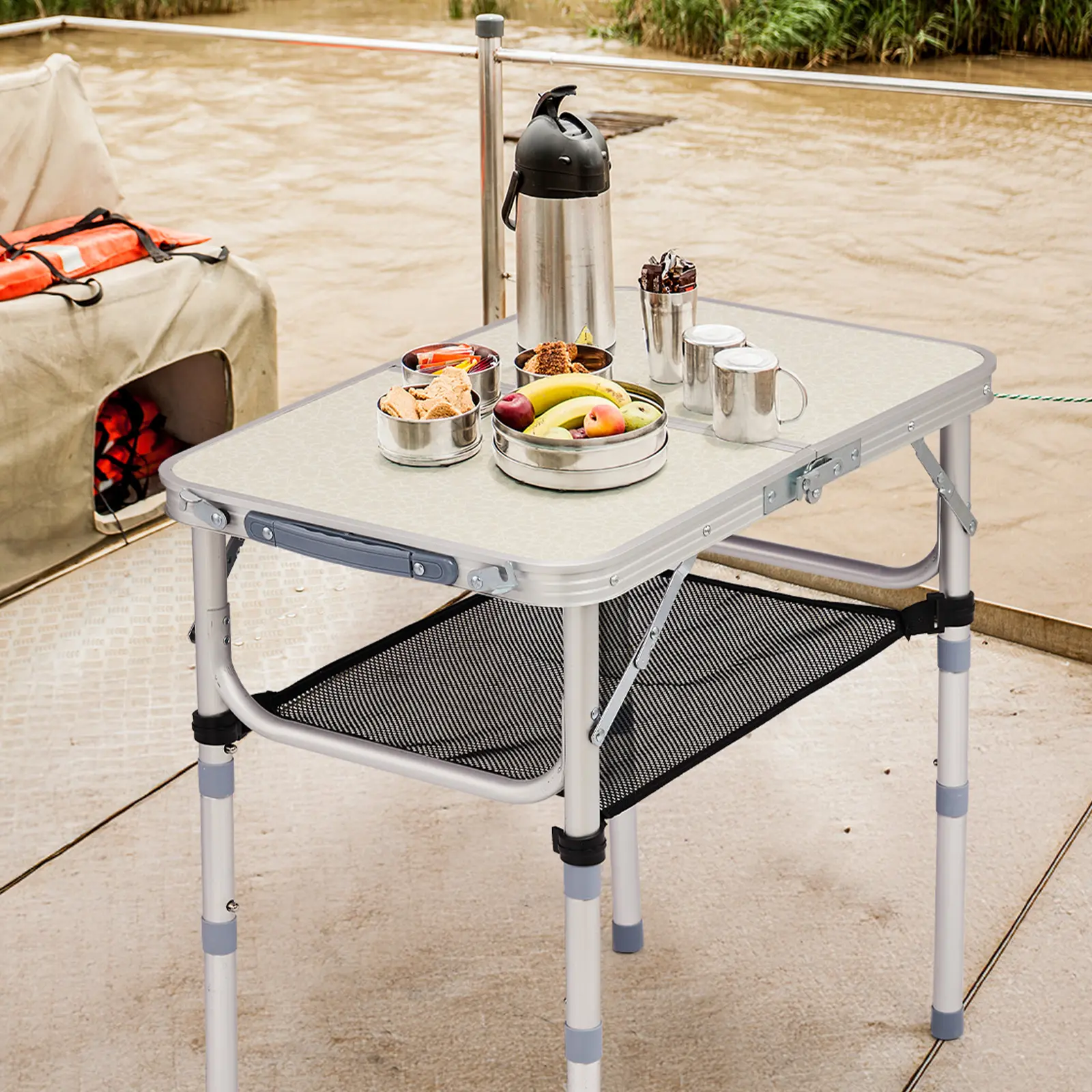 Aluminum Alloy Compact Fold-Up Outdoor Table - 3-Height Adjustable, Durable Sturdy Tabletop, Mesh Net Shelf for Camping, Picnics