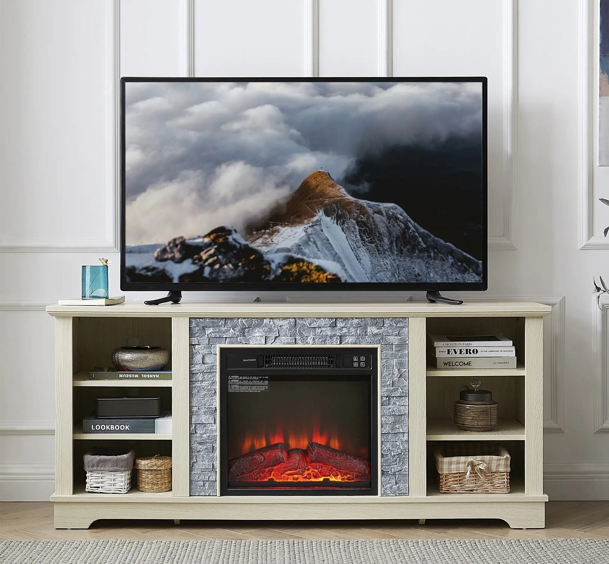Faux Stacked Stone Surround TV Stand with Fireplace for TVs Up to 65", 58" W Entertainment Center with 18'' Electric Fireplace, TV Console Table
