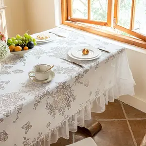 1pc French Vintage Floral Print Tablecloth with Lace Hem, Romantic Outdoor Decor for Picnics and Garden Parties, Natural Style Table Runner