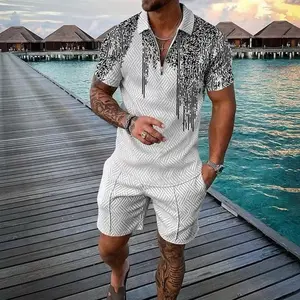 Athletic Outfit - Men's Short Sleeve Shirt with Geometric Pattern and White Shorts for Summer