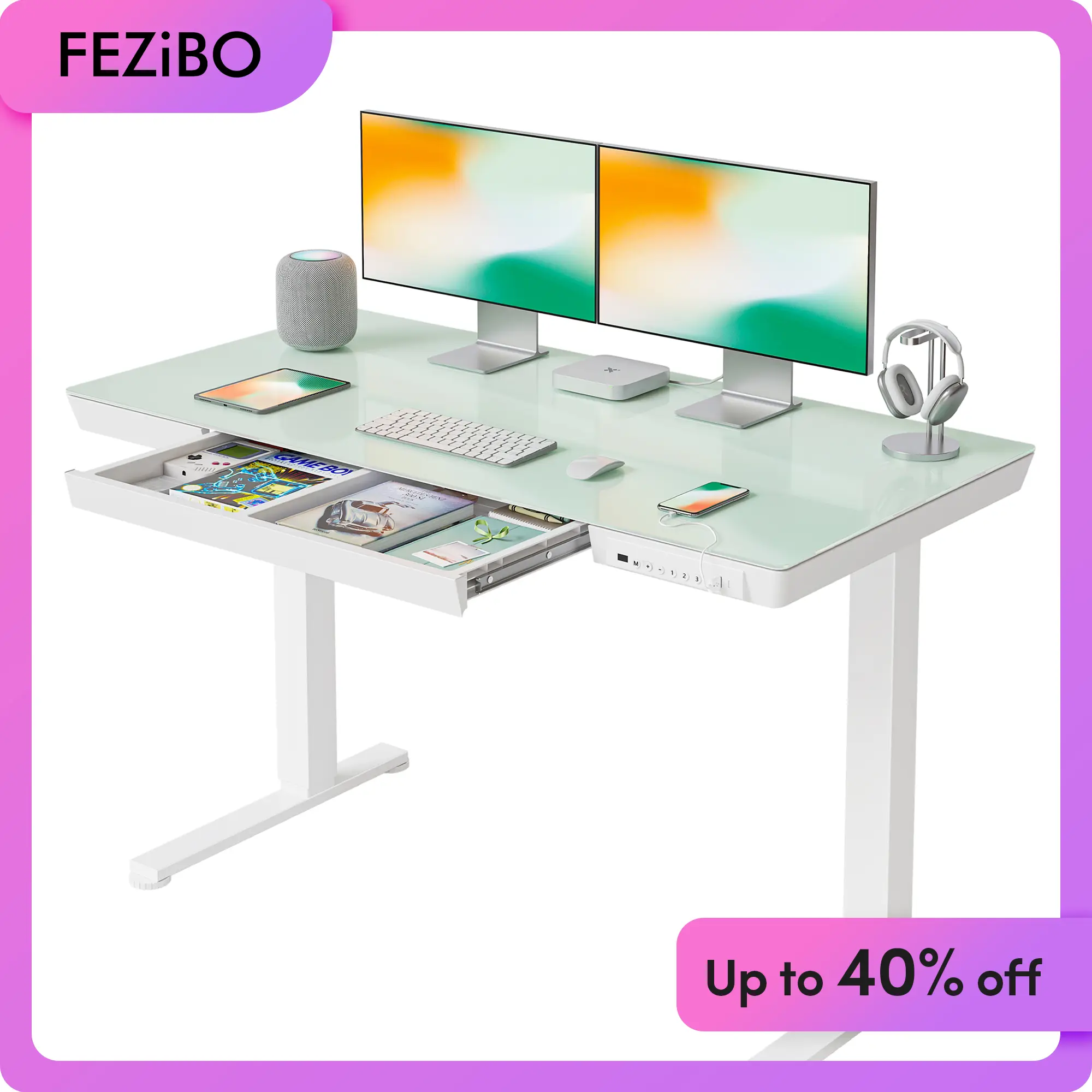 FEZIBO 48 x 24 Inch All-in-one Glass Desktop Desk, Ergonomic Design, One-Piece Quick Install, Stability, Multipurpose, Modern Office Furniture