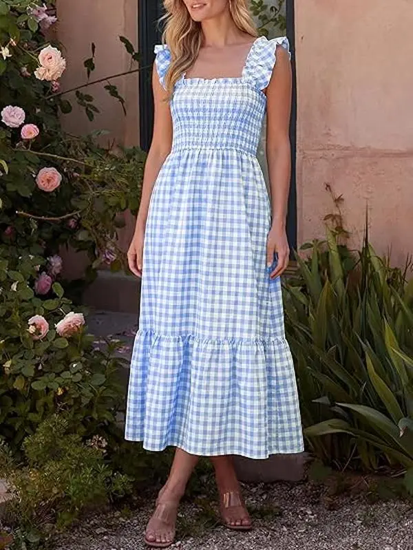 Women's Gingham Tiered Maxi Sundress - Bohemian Smocked Bodice, Ruffle Straps, Square Neck, Breathable Fabric for Summer Casual Beach Everyday Wear, Sundresses For Women, Ruffled Straps cami dress Feminine Aesthetic Blue Womenswear high waist maxi dress,