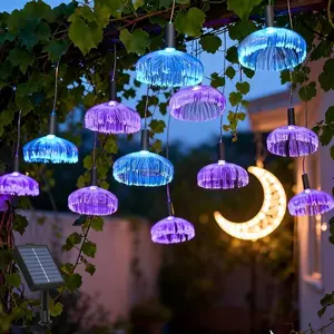 1 set of 4 solar fiber optic jellyfish light strings, outdoor hanging fairy lights, light induction, colorful gradient, ideal for garden, patio, porch, balcony decoration, Christmas, Halloween, wedding, birthday and holiday decorations