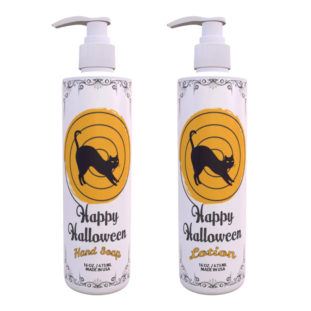 Halloween Hand Soap & Lotion Set – Black Cat Swirl Design | Light Green Tea & Lemon Scent |  16 oz Pump | Spooky Bathroom Decor | Paraben-Free, Made in USA