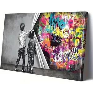 Graffiti Wall Art Behind The Curtain Canvas Prints -Banksy Graffiti Wall Decor Artwork Little Boy and Little Girl Pictures for Living Room Bedroom Home Office Decorations Poster Ornaments Artistic Photo With Frame-1