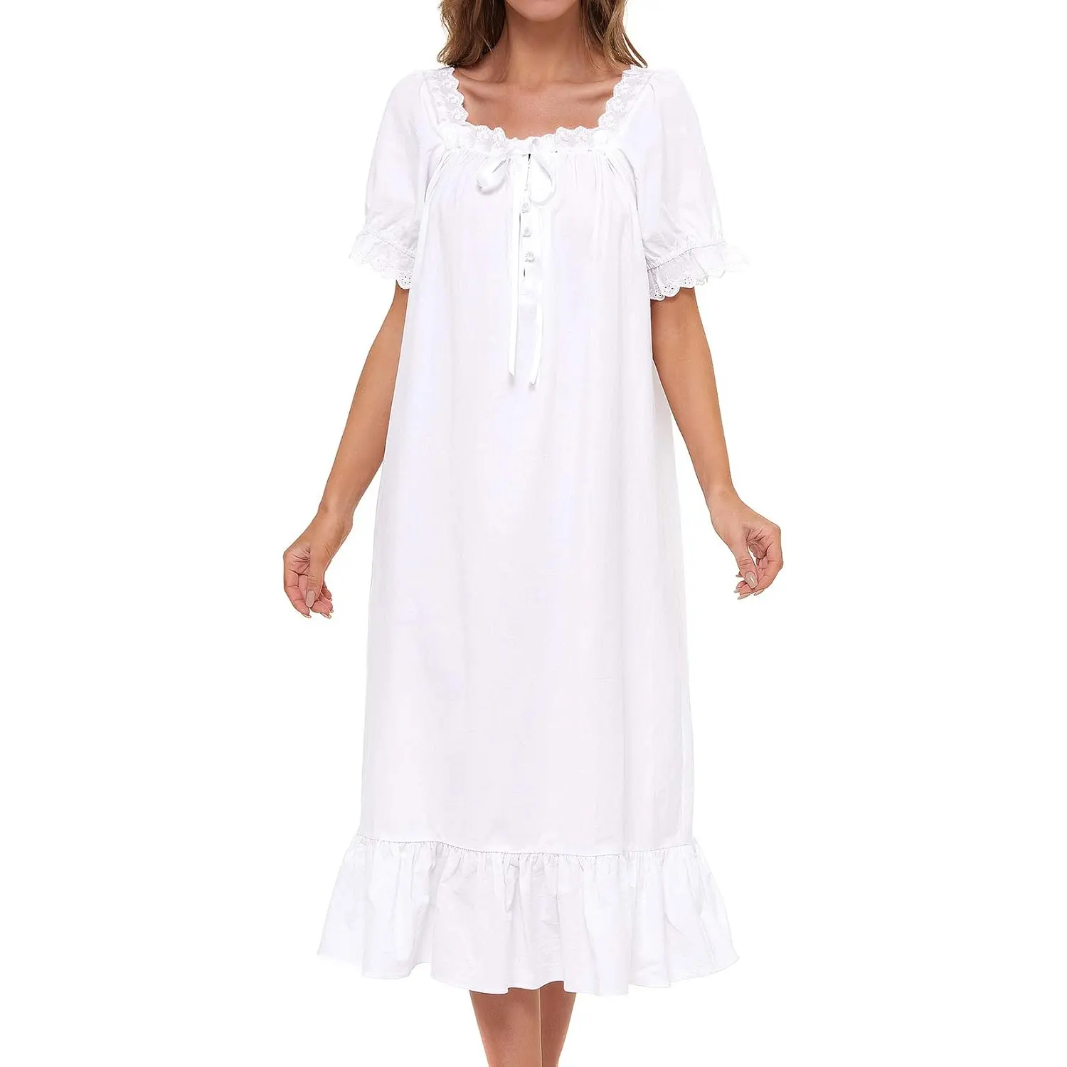 Women's Victorian Nightgown Cotton Sleepwear Long Loungewear Short Sleeve Vintage HahZen SPORT