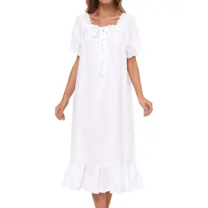 Women's Victorian Nightgown Cotton Sleepwear Long Loungewear Short Sleeve Vintage