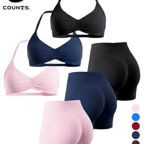 【Black Friday】Women’s Sporty 6-Piece Seamless Yoga Outfit Set, Comfortable Backless Padded Sports Bras and High-Stretch Yoga Shorts, All-Season Athleisure Activewear