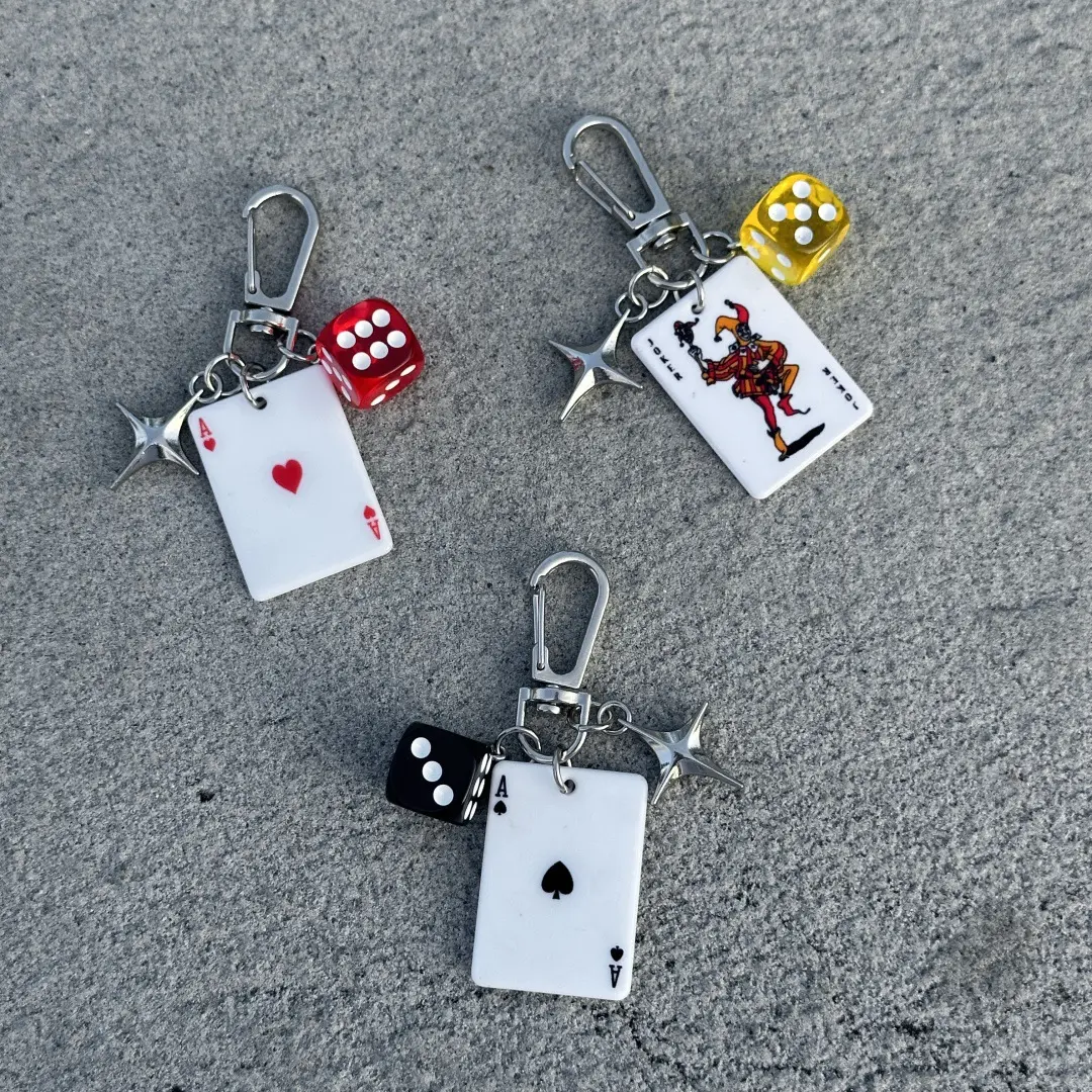 3PCS random styles Playing Card & Dice Key Chain with Star Pendant, Spade Diamond Club Alloy Metal Keyring, Bag Charm, Car Keychain, Phone Strap