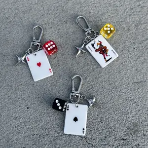 3PCS random styles Playing Card & Dice Key Chain with Star Pendant, Spade Diamond Club Alloy Metal Keyring, Bag Charm, Car Keychain, Phone Strap