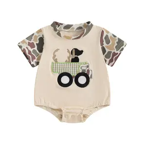 Infant Baby Boys Girls Romper Short Sleeve Crew Neck Dog Truck Embroidery Bodysuit Newborn Playsuit