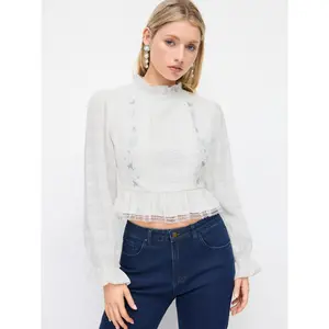 Cider Cotton-blend Round Neckline Lace Panel Floral Lantern Sleeve Blouse