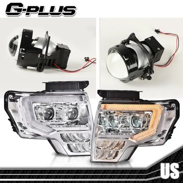 G-PLUS Dual LED Projector Headlight Assembly with LED Headlamps Bulbs for 2009-2014 Ford F-150, Chrome, 2Pcs - Car Exterior Upgrade