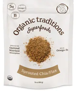 Organic Traditions Sprouted Chia and Flax Seed Powder Organic Chia and Organic Flax for Plant Based Non-GMO Superfood 454g/16oz Bag