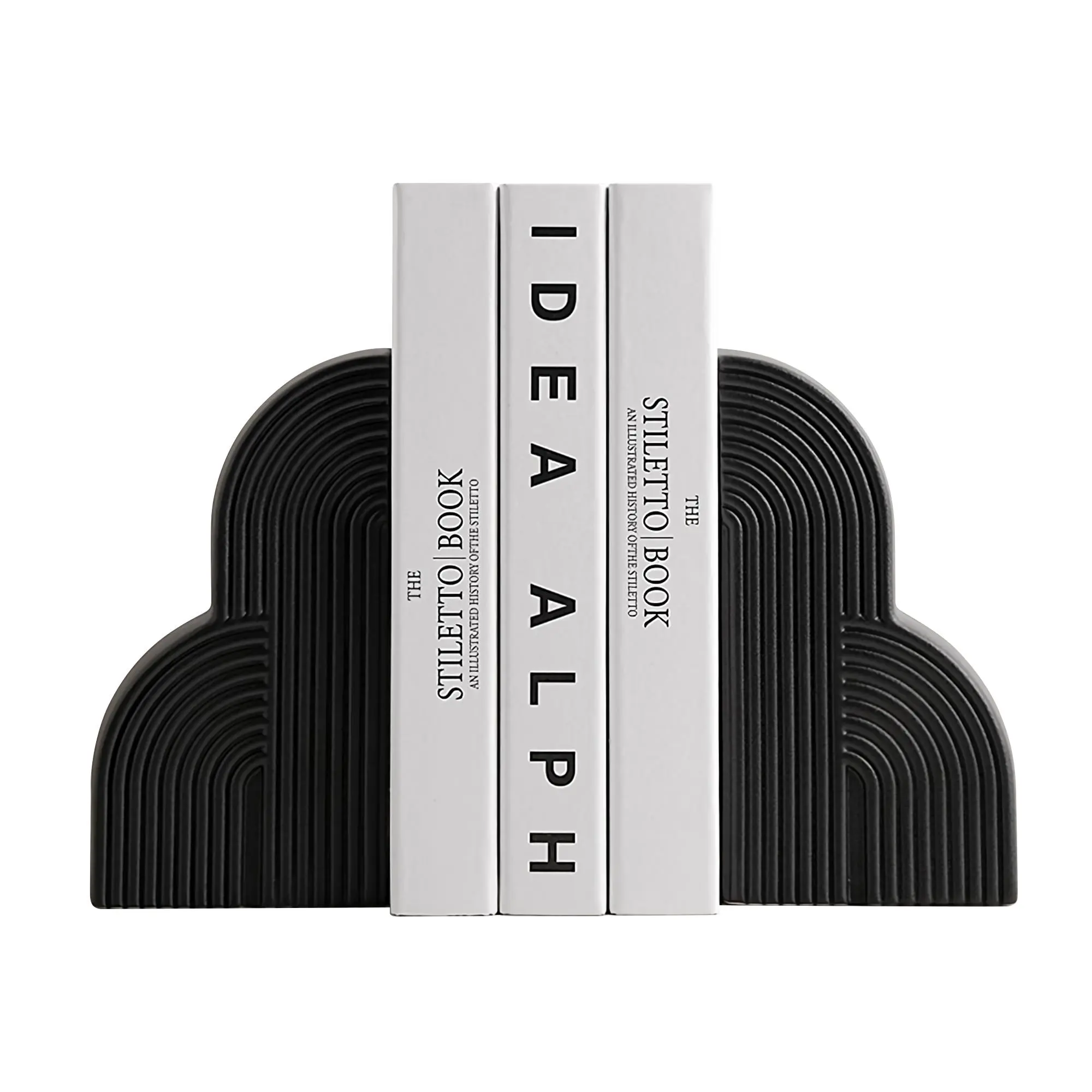 Heavy Duty Ceramic Book Ends Set of 2, Modern Minimalist Geometric Decorative Book Stoppers, Non-Skid Book Supports for Home Office Shelves, Perfect Gift for Book Lovers (Black)