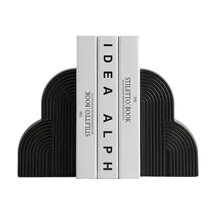 Heavy Duty Ceramic Book Ends Set of 2, Modern Minimalist Geometric Decorative Book Stoppers, Non-Skid Book Supports for Home Office Shelves, Perfect Gift for Book Lovers (Black)