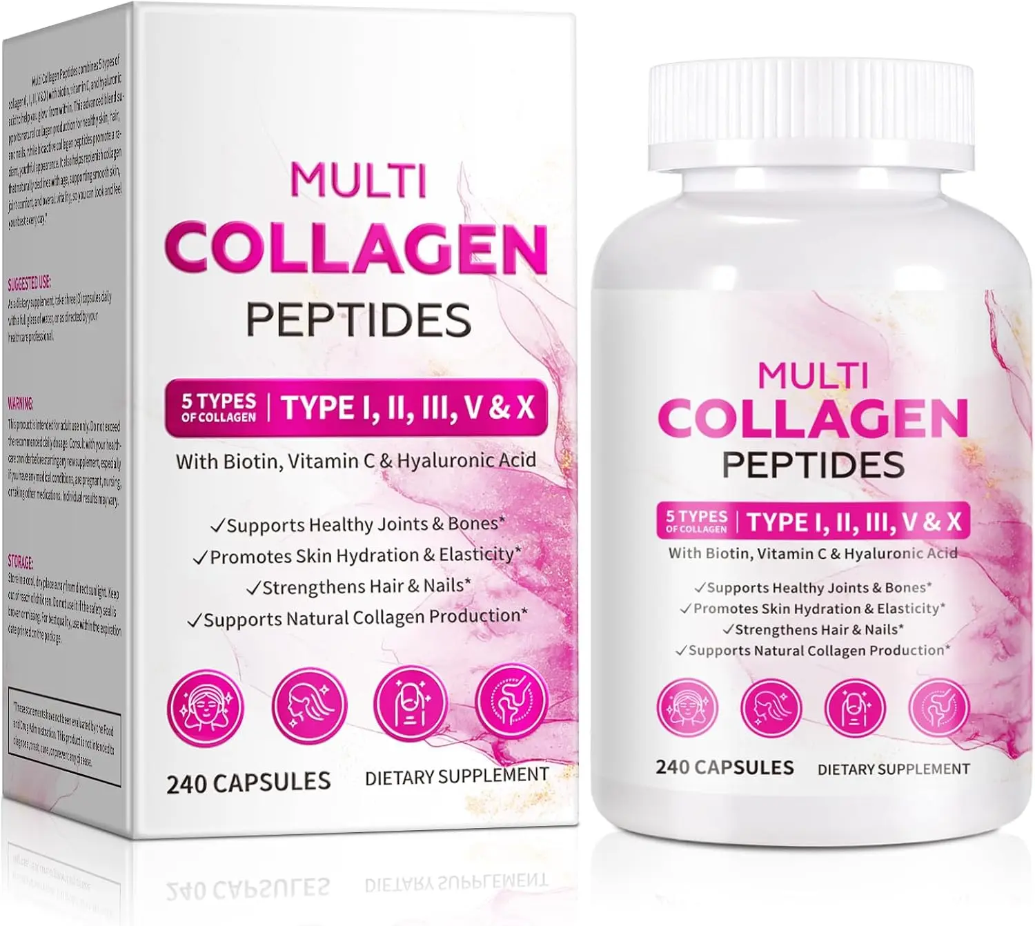Multi Collagen Peptides Capsules with Biotin, Vitamin C, Hyaluronic Acid - 5 Types (I,II,III,V,X) Beauty Healthcare Skin Care Supplement - Supports Skin, Joint Health - 240 Caps Dietary Supplement