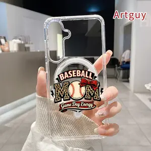 Magnetic Phone Case Supports Wireless Charging for Samsung Galaxy S26 Edge S23 Ultra S24 Plus FE S25 S22+ Baseball Mom Spirit Pattern Non-Yellowing Shockproof Soft Silicone Transparent Acrylic Large Hole Cover