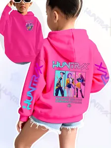 Girls Kpop Demon Hunters Korean Fashion Fitted Long Sleeve Graphic Hoodie Sweatshirts, Star-Shaped Girl Group & Cute Pet Printed Anime Print, Casual Sportswear, Perfect Christmas Gift, Clothes