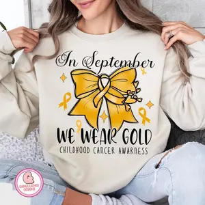 Gold Ribbon Sweatshirt, Bow gold Sweatshirt, In September We Wear Gold Sweatshirt, Cancer Sweatshirt, Cancer Awareness Sweatshirt, Cancer Coquette Bow Gold Sweatshirt