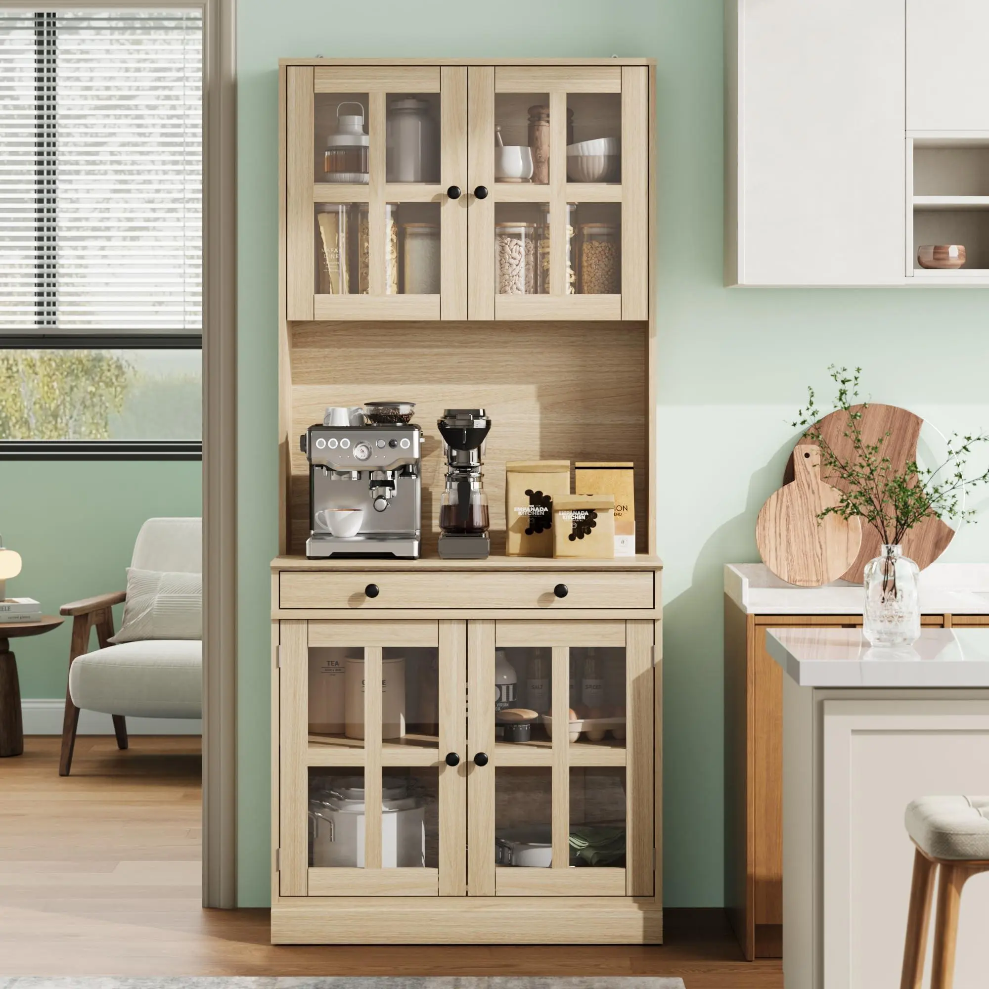 72 Inch Kitchen Pantry Cabinet with Glass Doors, Drawer and Adjustable Shelves, Farmhouse Tall Storage Cabinet with Open Countertop, Wood