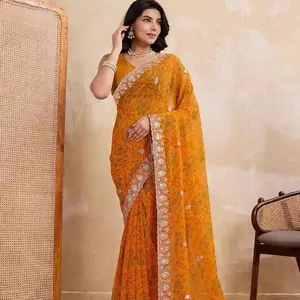 Designer Georgette Bandhej Print Saree with Cutwork Lace Border Work and Unstitched Blouse for Festive Wear