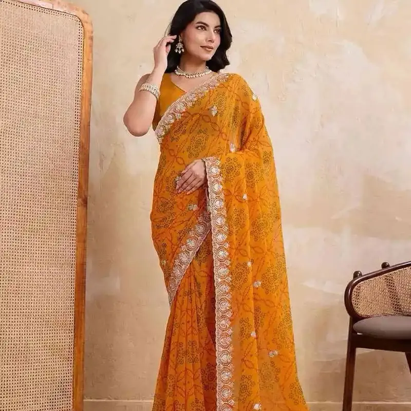 Designer Georgette Bandhej Print Saree with Cutwork Lace Border Work and Unstitched Blouse for Festive Wear