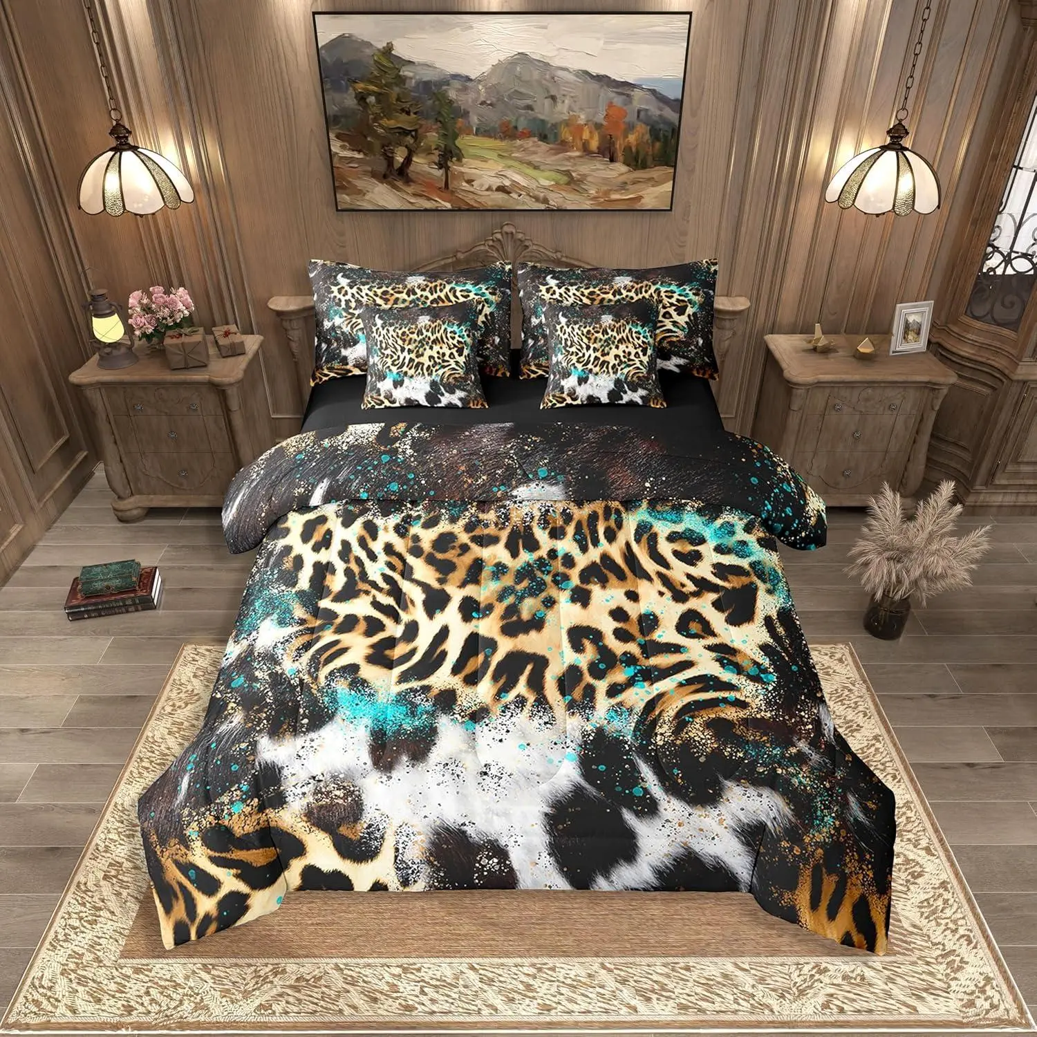 Feelyou 7-Piece Aztec Leopard Tribal Cheetah Western Bedding Set - Rustic Teal Blue Brown Lightweight, Machine Washable, Multi-Size with Queen Comforter Set Option for Men, Bedding Sets