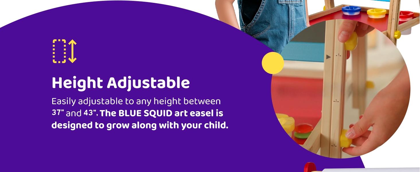 Blue Squid Art Easel for Kids with Paper Roll x 3, Includes 100+ Accessories, Double Sided Adjustable Wooden Painting Easel with Magnetic Chalk Board, White Board for Toddlers Ages 3,4,5,6,7,8,9,10,12