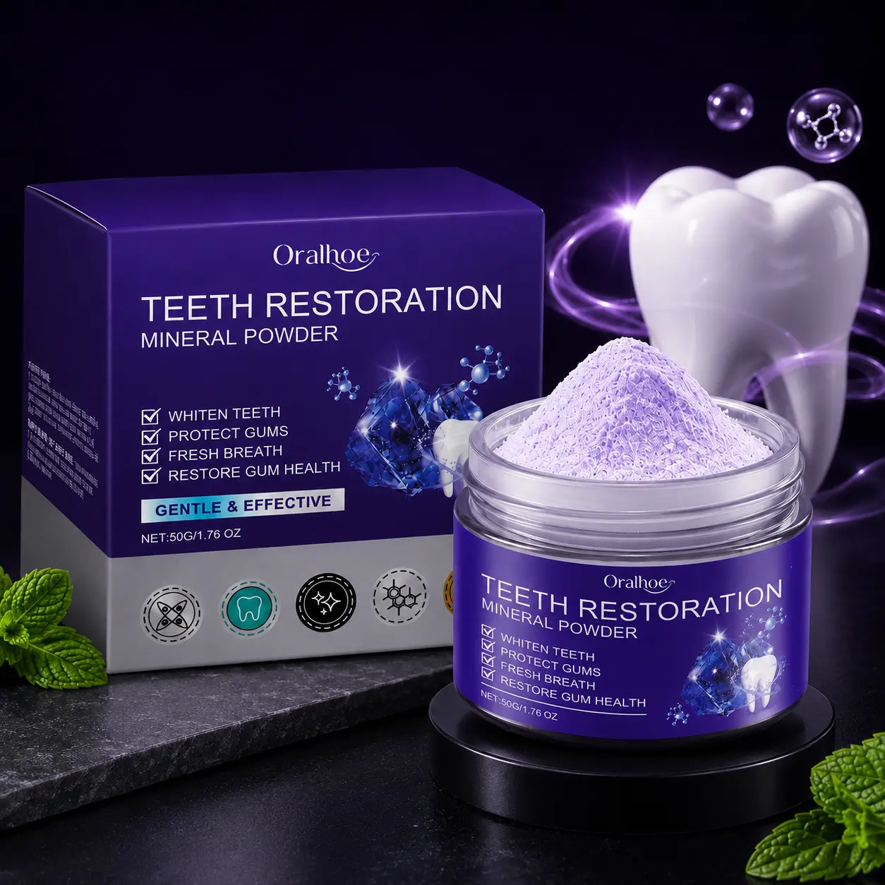Lavender Purple Tooth Powder, 50g Daily Gentle Oral Care Mineral Powder, Gum-Friendly Formula for Surface Stains & Refreshing Breath