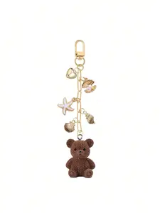 Cute Coffee Teddy Bear and Ocean Charm Keychain, Suitable for Women and Girls, Fashionable Gold Shell Starfish Heart Pendant Bag Hanging Decoration, Aesthetic Handbag Backpack Keychain Accessory, Wallet Decoration