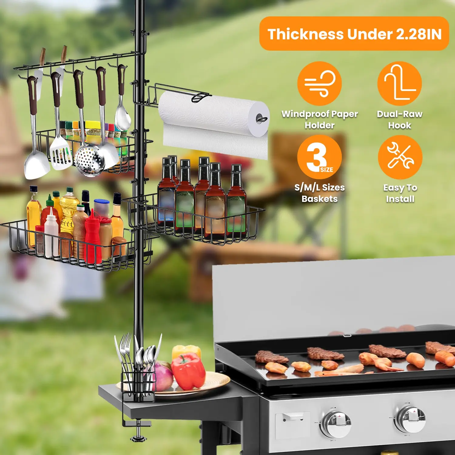 Steel Griddle Caddy Organizer Set for Blackstone Griddle Accessories, BBQ Grill Utensils, Spice & Condiments, with Paper Towel Holder – Outdoor Kitchen Accessory for Campers, Gifts for Men