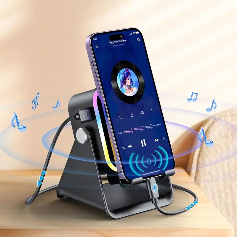 Wireless Induction Audio Speaker Stand, 5in1 Cellphone Holder, 3500mAh Rechargeable Emergency Power Bank,360° Adjustable Mobile Tablet Stand with Colorful Ambient Light Gifts for Men Women tiktokshopsummersale tiktokshopbacktoschool