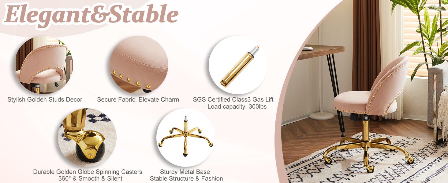 Karlhome  Modern Velvet Small Office Chair,Cute Desk Chair with Wheels,Gold Base/Studs, Comfy Armless Swivel Vanity Task Chair for Women/Girl/Kids, Nail Tech Chair for Bedroom,Small Space,Pink