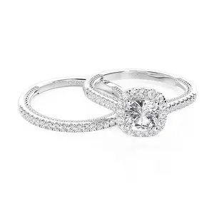 Jeulia Cushion Cut Halo Eternity Engagement Ring Set 2PCS