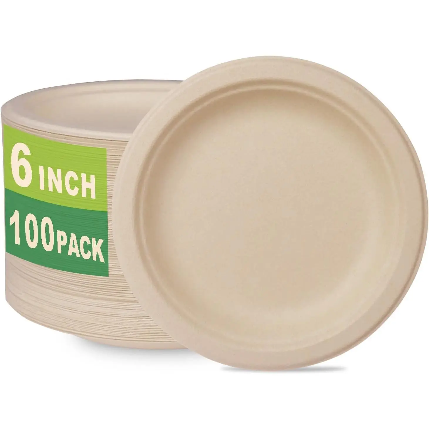 100 Count 6“ Small Compostable Dessert Plates, Heavy-duty Unbleached Biodegradable Bagasse and Bamboo fiber Paper Plates