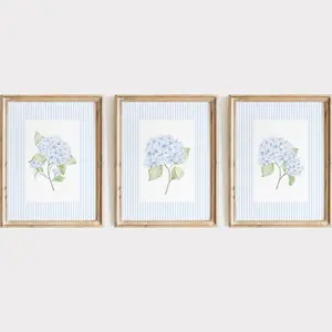 Set of 3 Blue and White Striped Hydrangea Wall Art, Coastal Granddaughter, Vintage Prints, Cottagecore, Gift for Her | Frameless Poster 1
