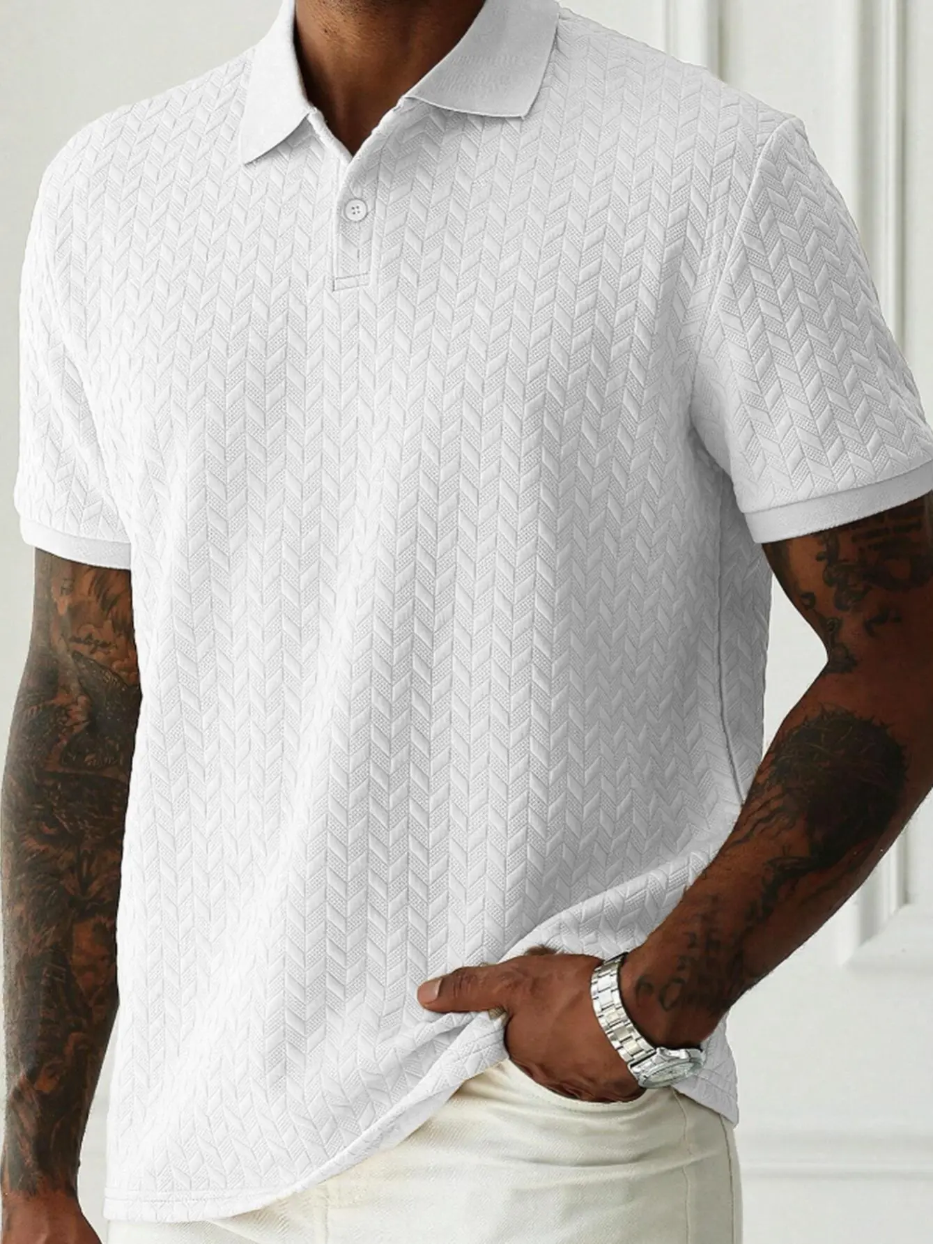 Men's Shortsleeve Polo Shirt - Timeless Smart Casual Menswear, 3D Herringbone Texture, Soft Breathable Fabric for Office & Daily Wear, Tops, Clothes, Basics, Polyester Blend, Texture Detail, Classic, Machine Washable, Normal Type, Standard Sizes, Fitted C