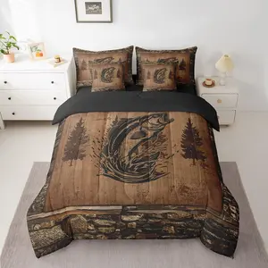 Feelyou 7-Piece Fish Comforter Set with Sheets & Easy-Care Fabric - Bass Big Fish Bed-in-a-Bag, Rustic Farmhouse Cabin Country Brown Bedding for Kids
