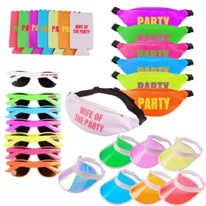 28 pc Multicolor Wife of the Party Bachelorette Party Favors - Neon Bachelorette Fanny Packs & Bride Fanny Pack - Retro Bachelorette Party Kit Gift Set with Bachelorette Visors & Sunglasses