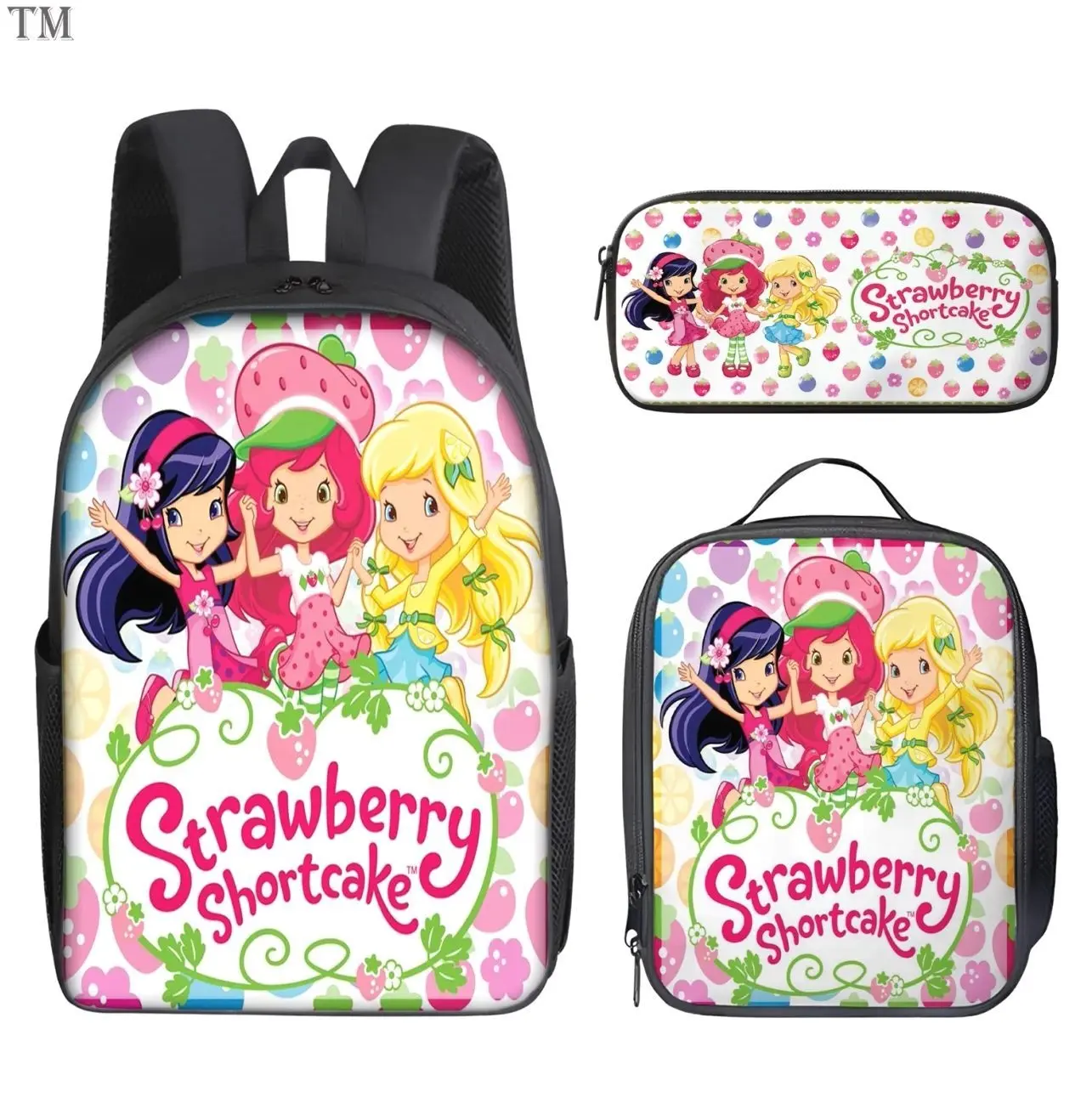 Cute Cartoon Strawberry Princess Student Bag Set | 3Pcs Laptop Backpack Insulated Lunch Tote Pencil Pouch | Fun Student Gift Box