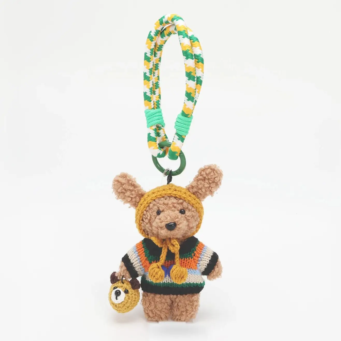 Teddy Huggy 5.9-Inch Striped Sweater Teddy Bear Plush Keychain with Yellow Knit Hat and Wristlet Strap, Bag Charm, Phone Charm and Fashion Accessory