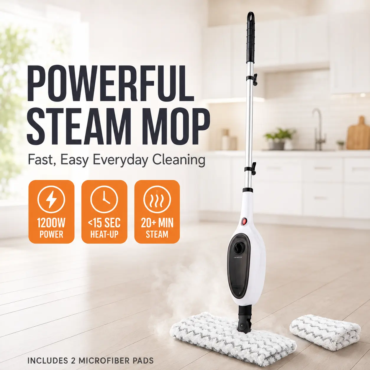 1200W 10-in-1 Steam Mop with 8 Attachments, 15-Second Heat-Up, Double-Sided Flip Head for Sealed Hardwood, Tile, Kitchen & Bathroom