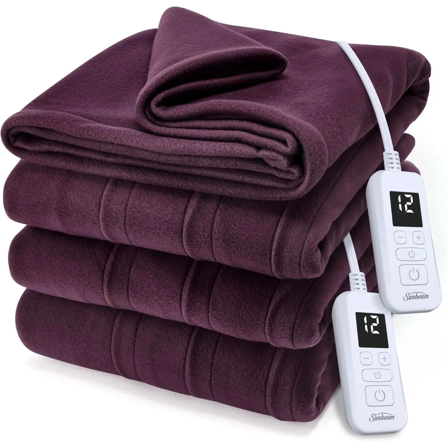 Sunbeam King Size Fleece Heated Blanket, 90"x100", Digital Temperature Control, Adjustable Thermostat, 12 Heat Settings, 12-Hour Selectable Auto Shut-Off, Fast Heating, Machine Washable, 5-Year Limited Warranty, Claret Temperature Control Blanket