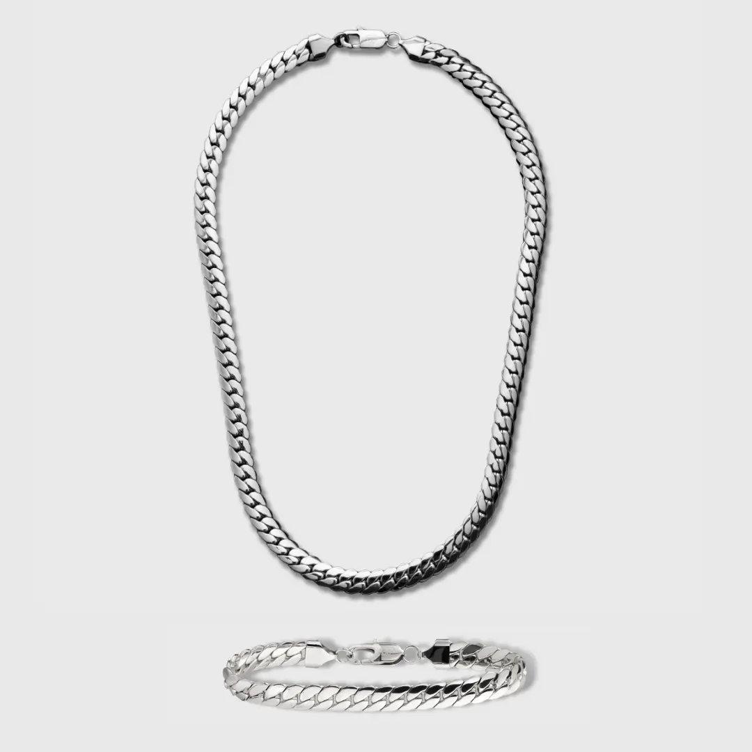 IMPERIUM JEWELRY 8mm Silver Elegant Matching Jewelry Set - Hip-Hop Miami Cuban Link Necklace, Flat Link Bracelet, Elegant Jewelry Set