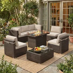 LayinSun 8 Piece Patio Furniture Set with 44" Propane Gas Fire Pit Table, Outdoor Sectional Conversation Set Wicker Rattan Sofa Set with Coffee Table