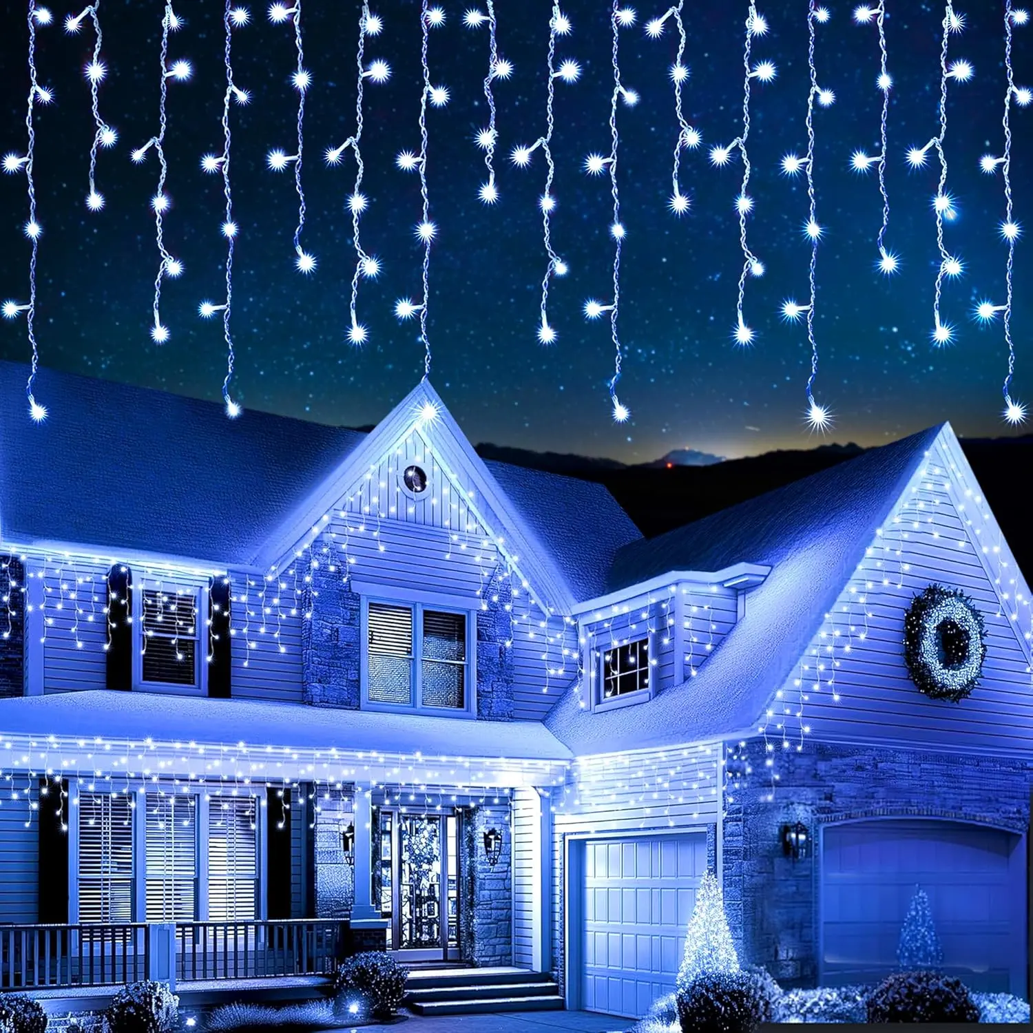 EcoNour 500 LED Icicle Flexible Tangle-Free Copper Wire Lights Set - Reliable All-Season Outdoor Use, Waterproof Battery-Powered Cool White 8-Mode Decor for Glow Party Holiday Festive Supplies Ornament