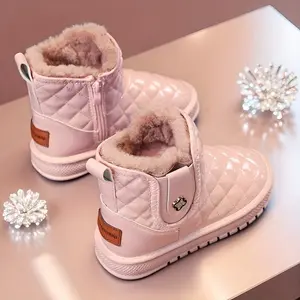 Girls' Winter Snow Boots with Plush -Like Collar & Thick Cushioned Sole - Pink/White Low-Top Zipper Closure, Non-Rubber Outsole Ice Skating, Skiing, - Warm Cold Weather Shoes &
